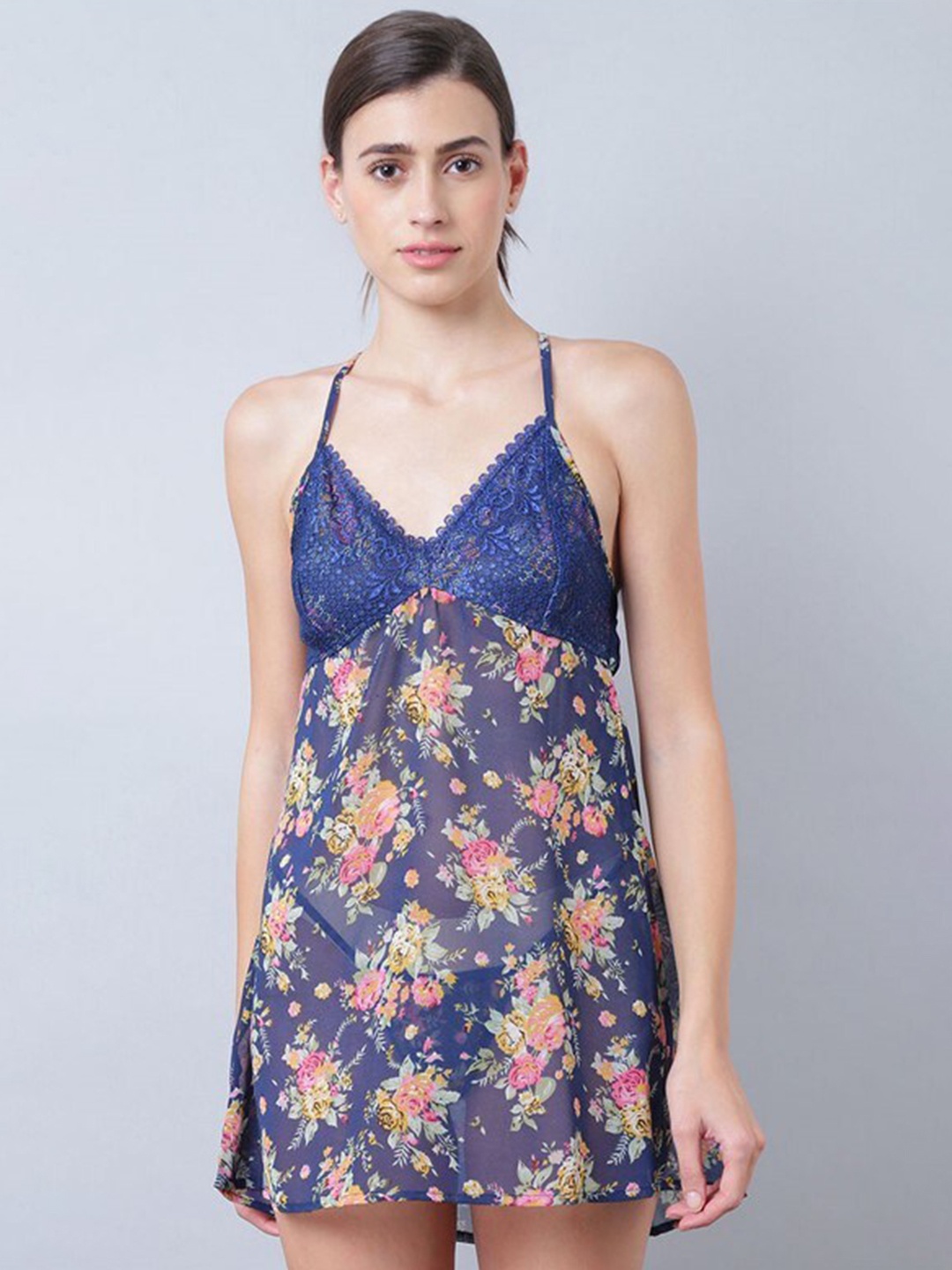 

Aila Floral Printed Halter Neck Nightdress, Blue