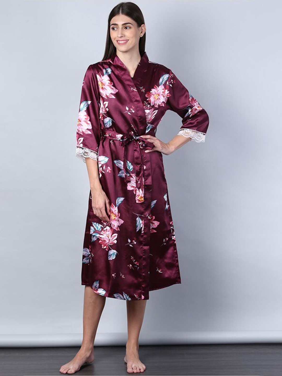 

Aila Floral Printed Midi Wrap Nightdress, Burgundy