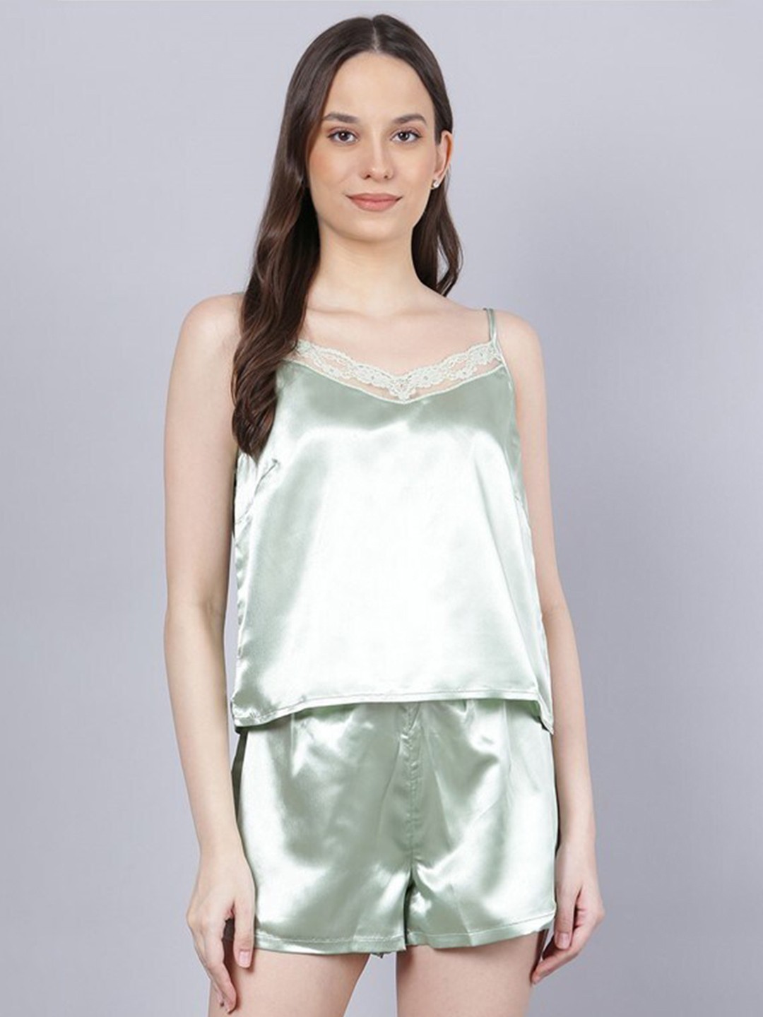 

Aila Satin-Finish Lace Inserted Shoulder Straps Night Suit, Green
