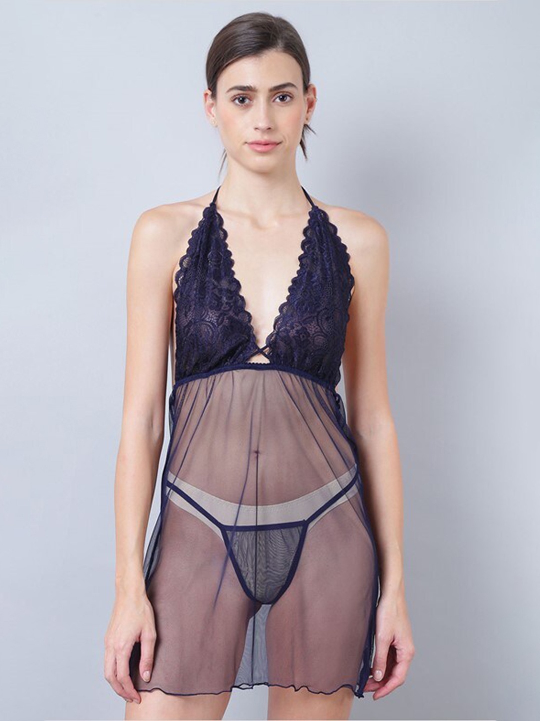 

Aila Self Design Halter Neck Sheer Baby Doll, Navy blue