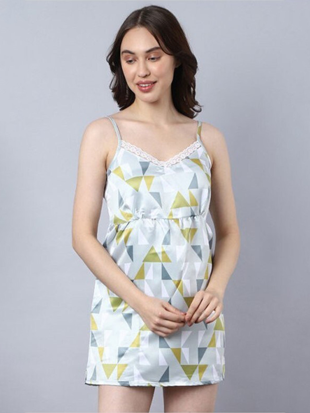 

Aila Geometric Printed Shoulder Straps Nightdress, Grey