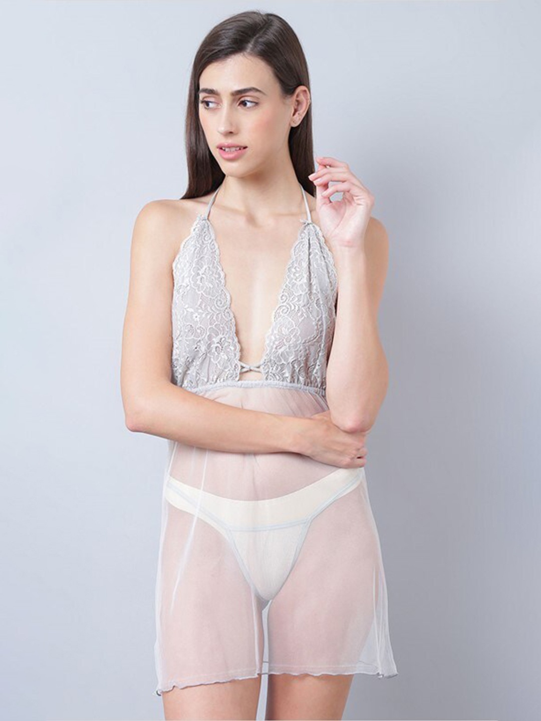 

Aila Self Design Halter Neck Semi Sheer Baby Doll, Grey