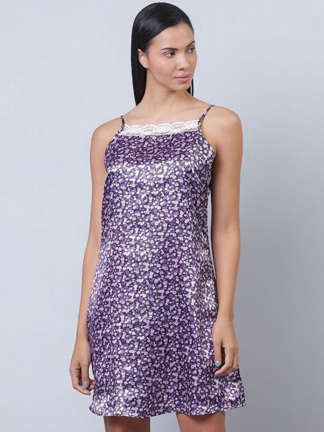 

Aila Floral Printed Shoulder Straps Lace Detail Nightdress, Purple