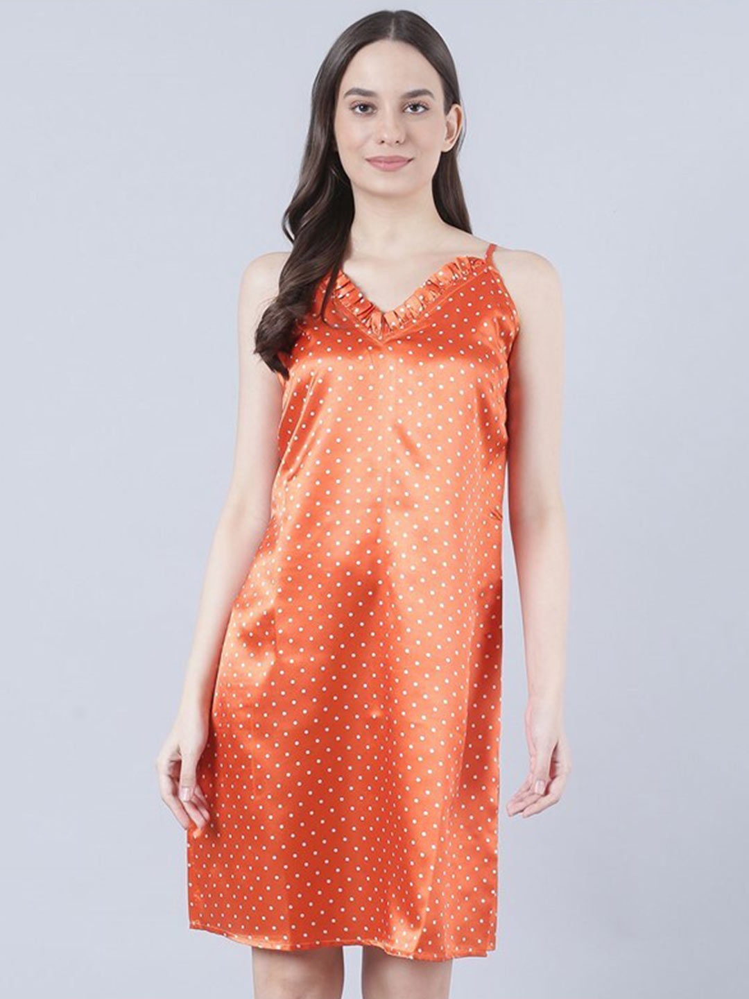 

Aila Polka Dots Printed Shoulder Straps Nightdress, Orange