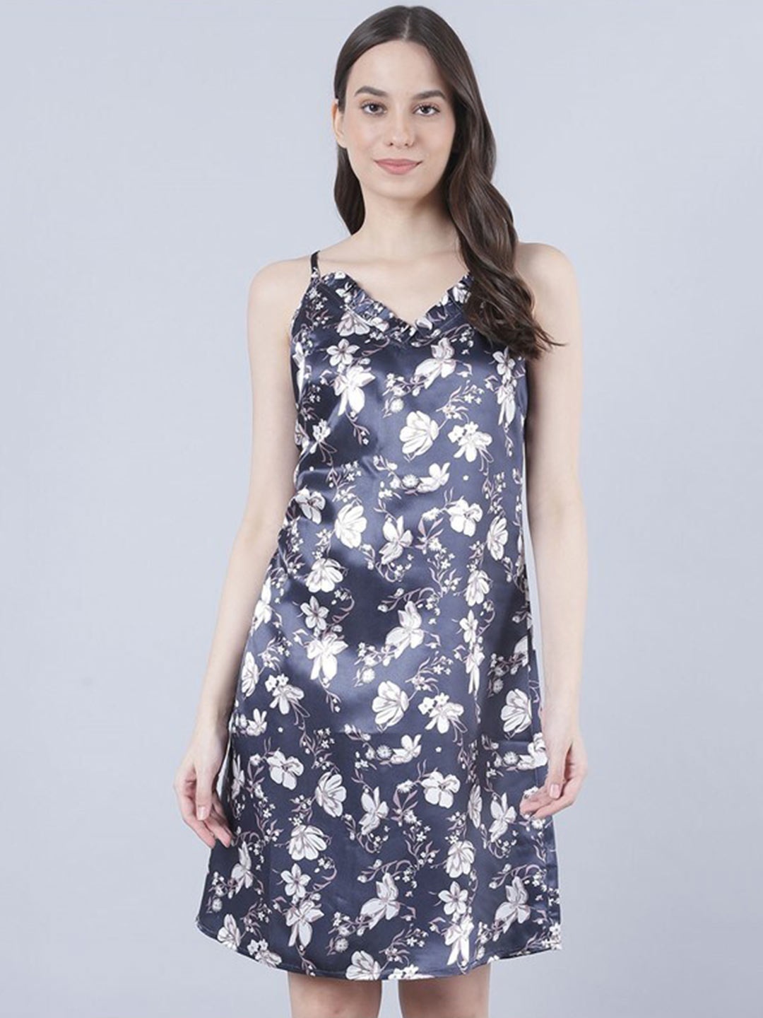 

Aila Floral Printed Shoulder Straps Nightdress, Black