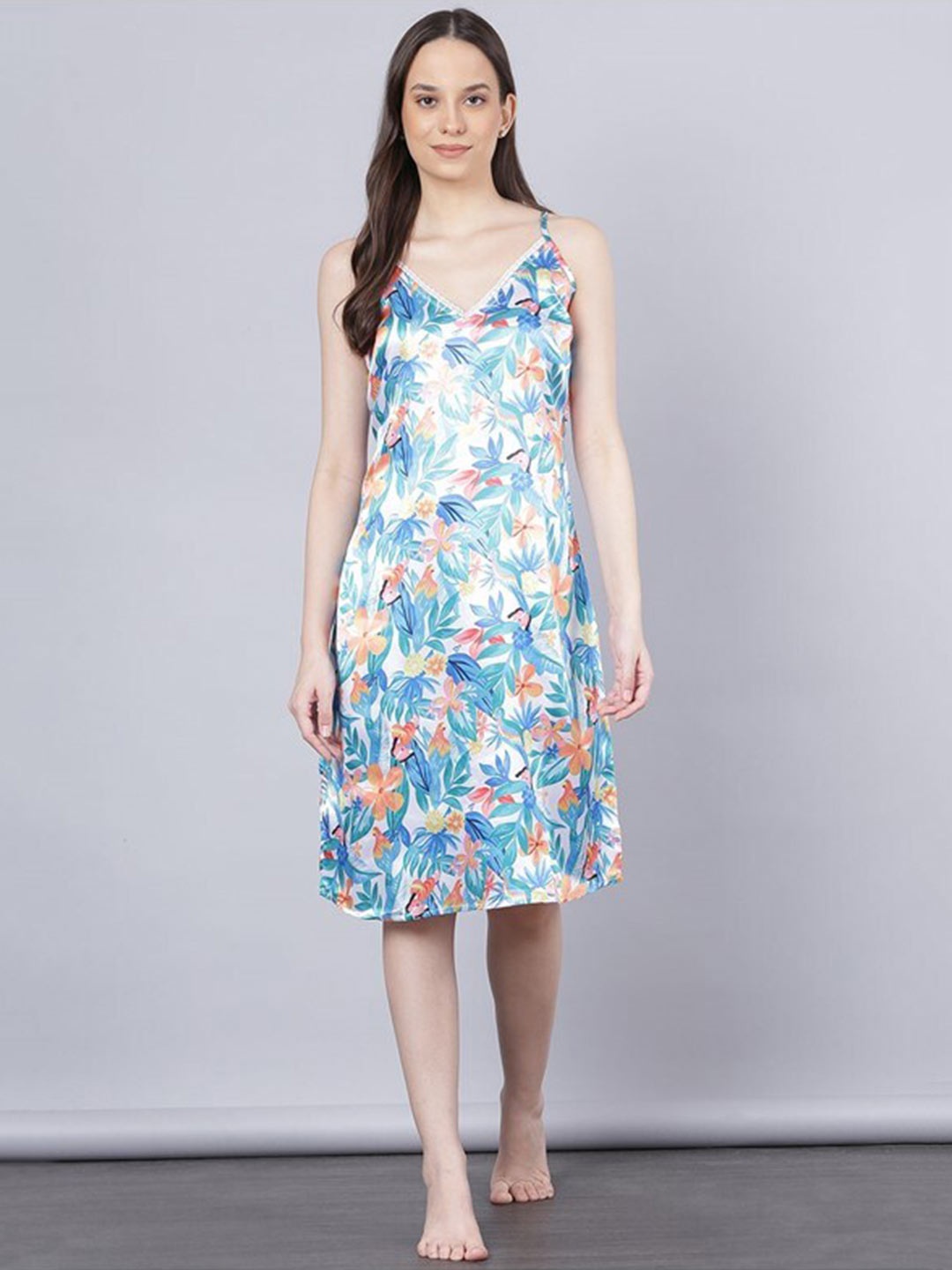 

Aila Floral Printed Shoulder Strap Nightdress, Blue