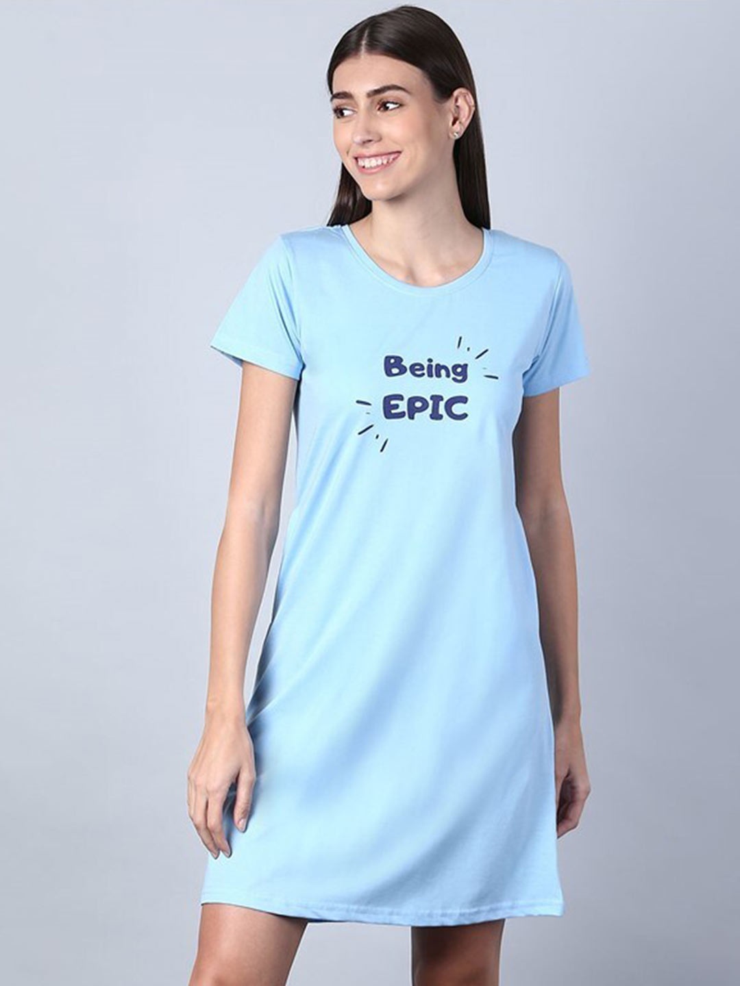 

Aila Typography Printed T-shirt Nightdress, Blue