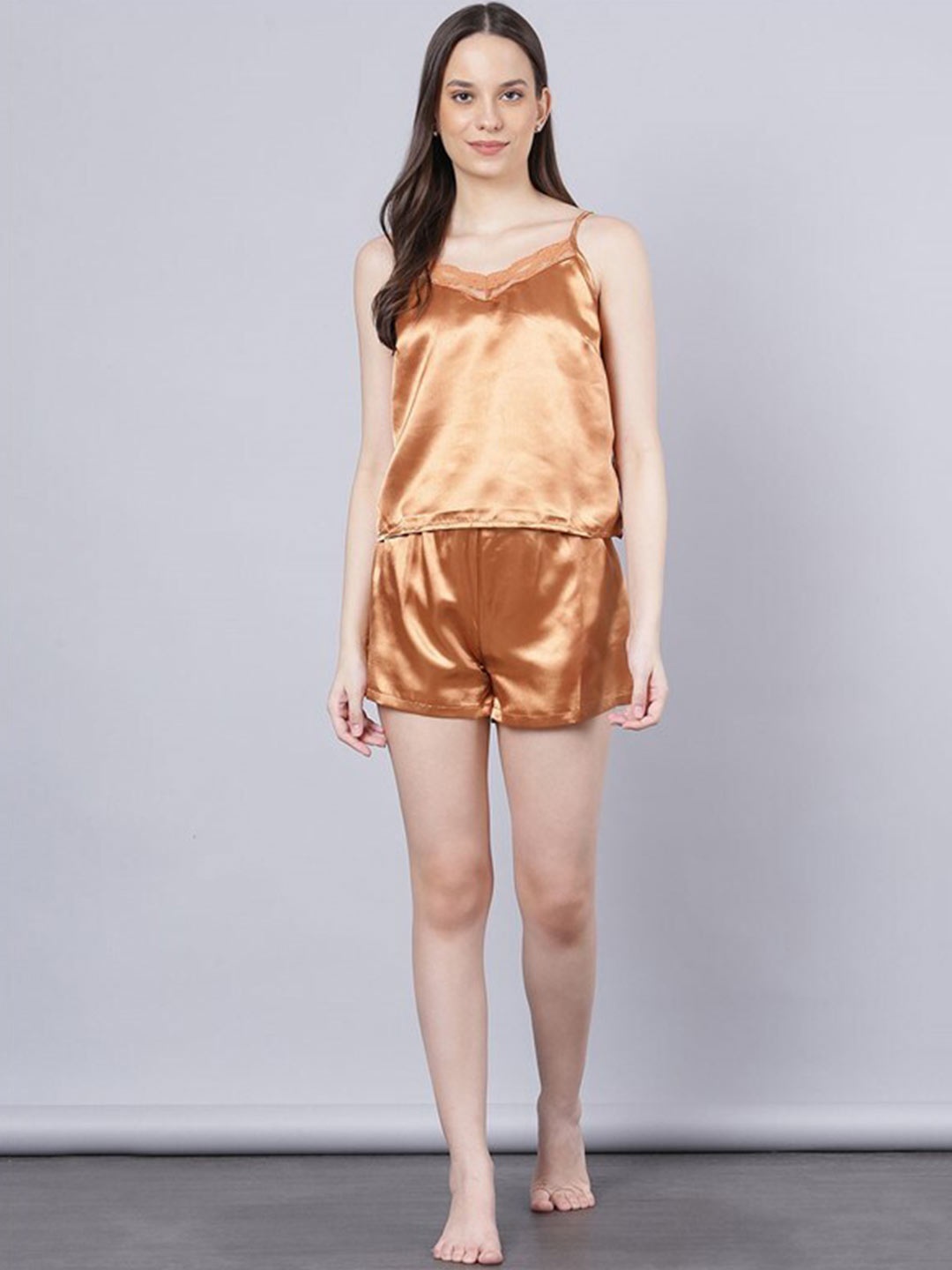 

Aila Women Satin Lace-Inserted Top & Shorts, Brown