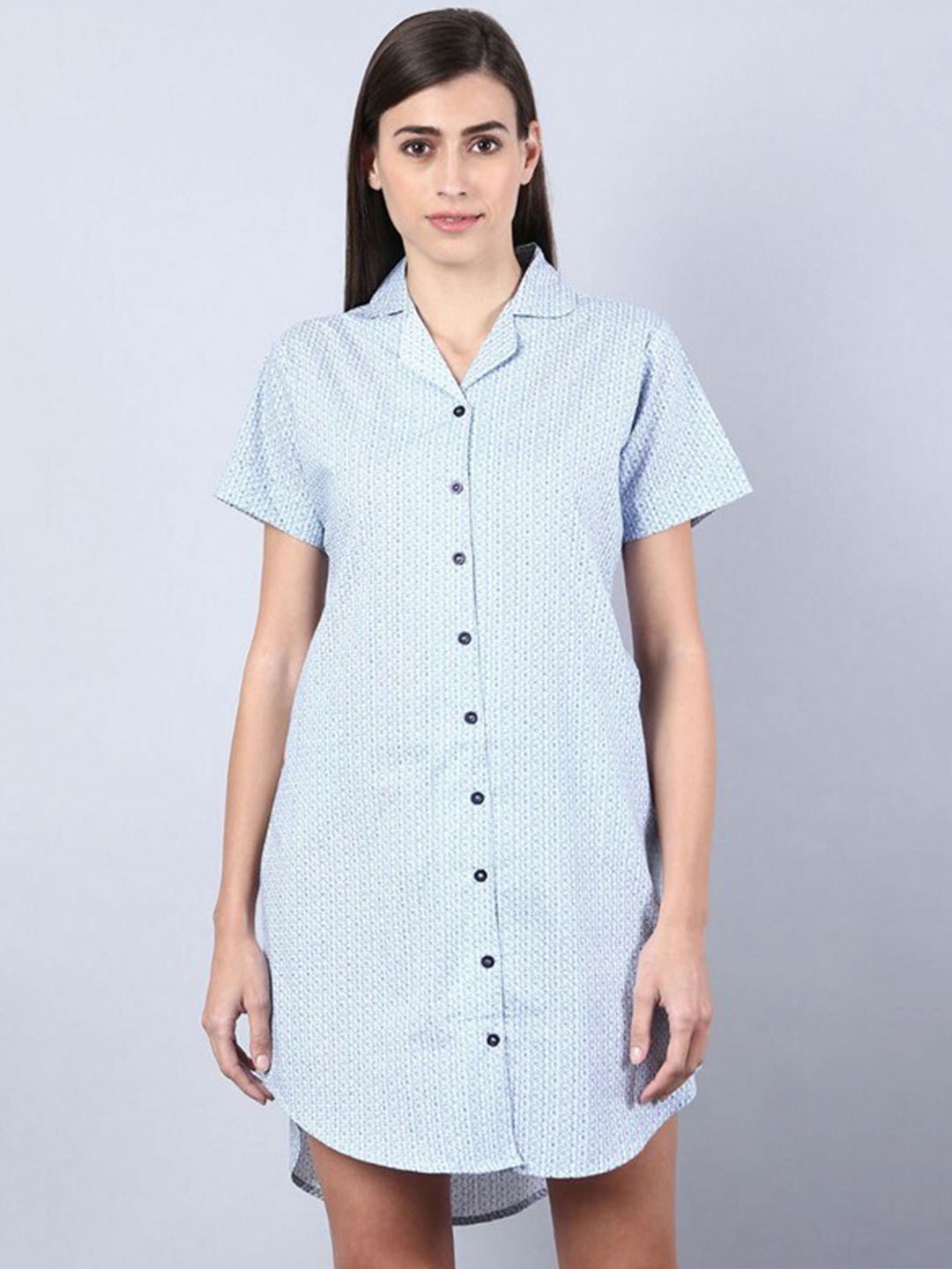 

Aila Abstract Printed Lapel Collar Everyday Shirt Nightdress, Blue