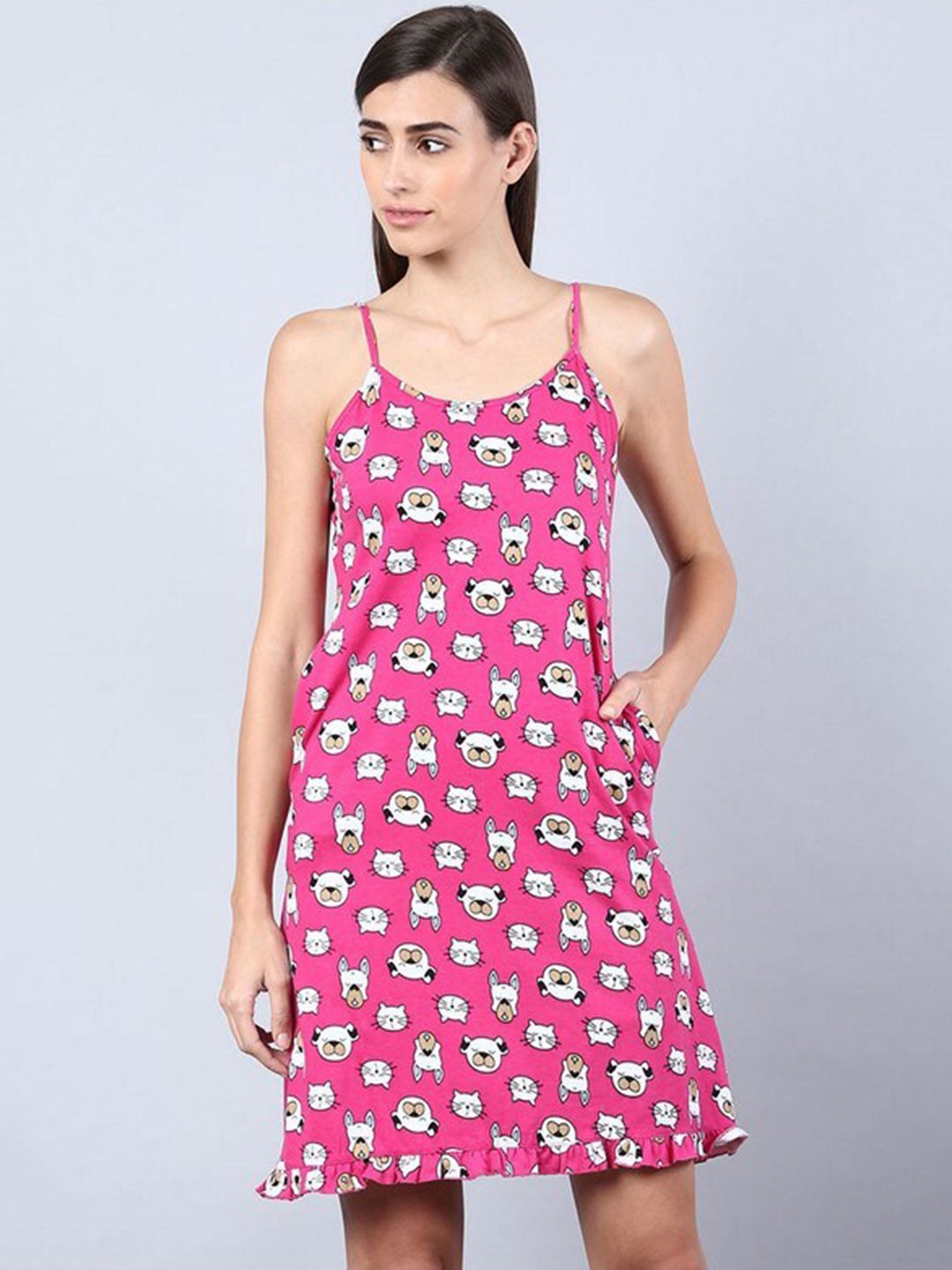 

Aila Conversational Printed Shoulder Straps Nightdress, Pink