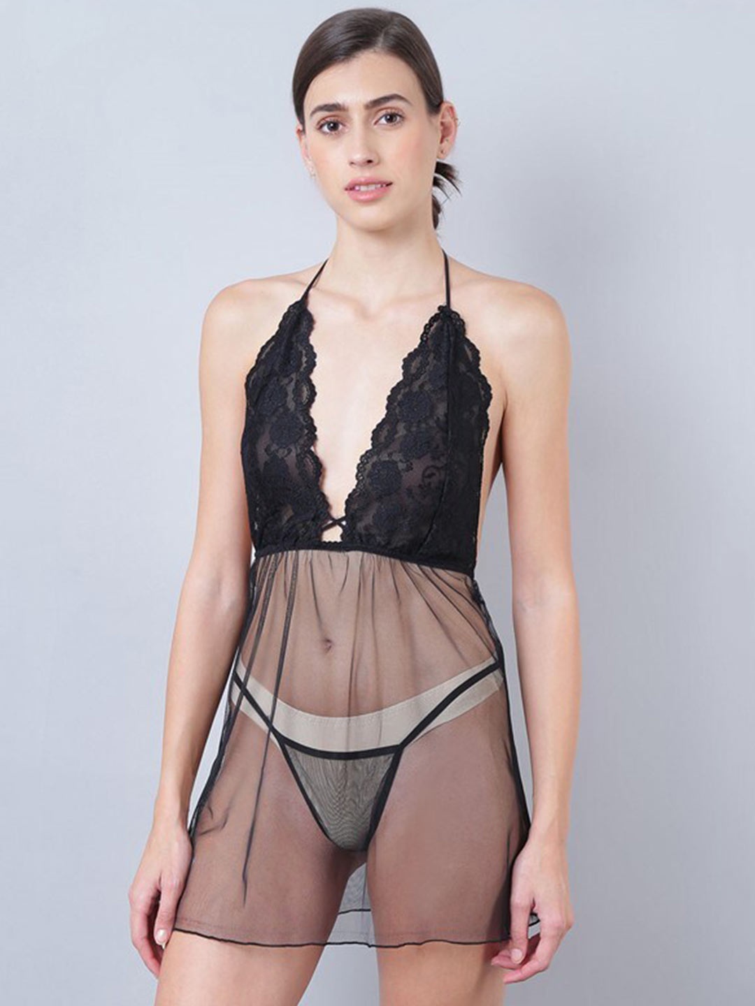 

Aila Self Design Halter Neck Semi Sheer Baby Doll, Black
