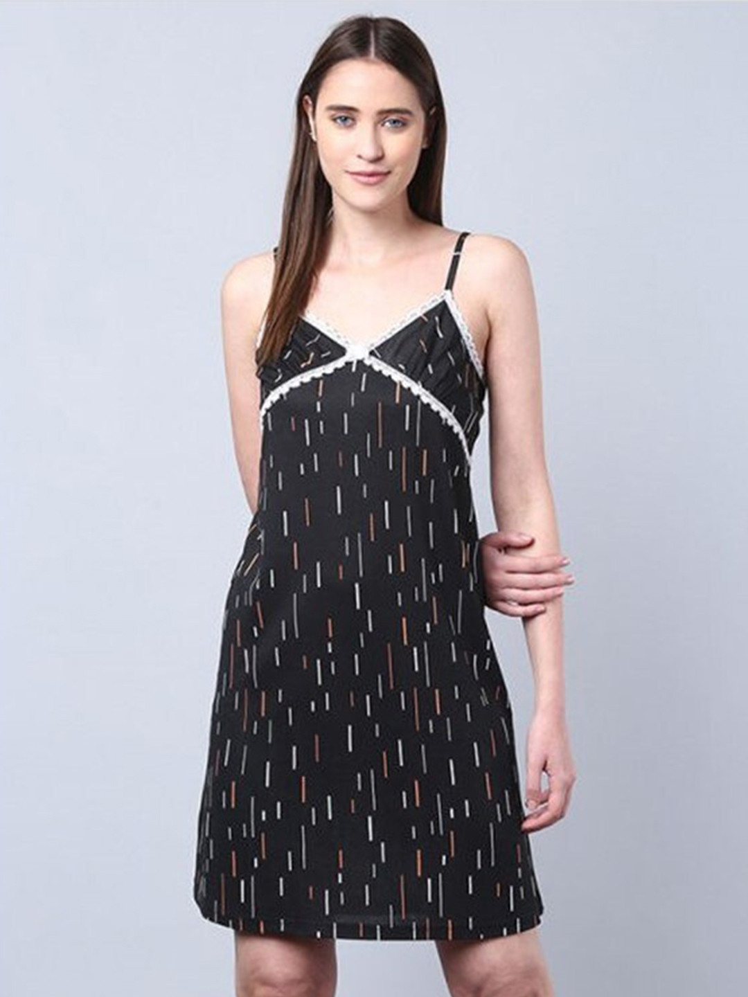 

Aila Geometric Printed Shoulder Straps Nightdress, Black