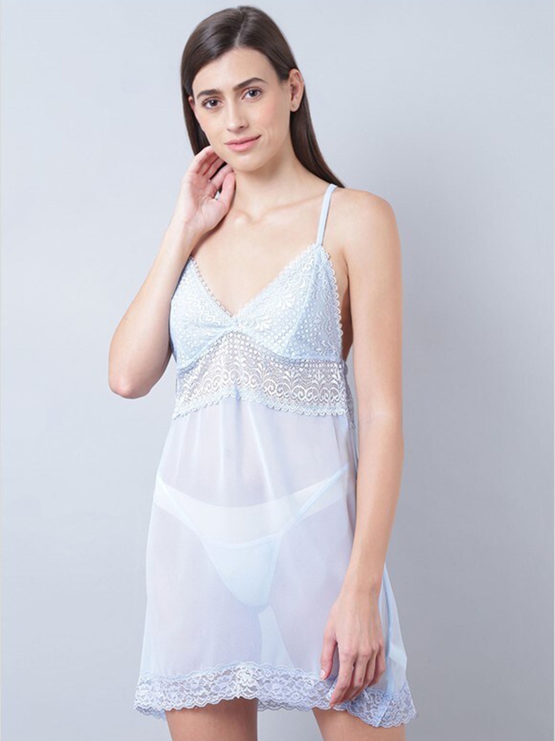 

Aila Self Design Shoulder Straps Semi Sheer Baby Doll, Blue