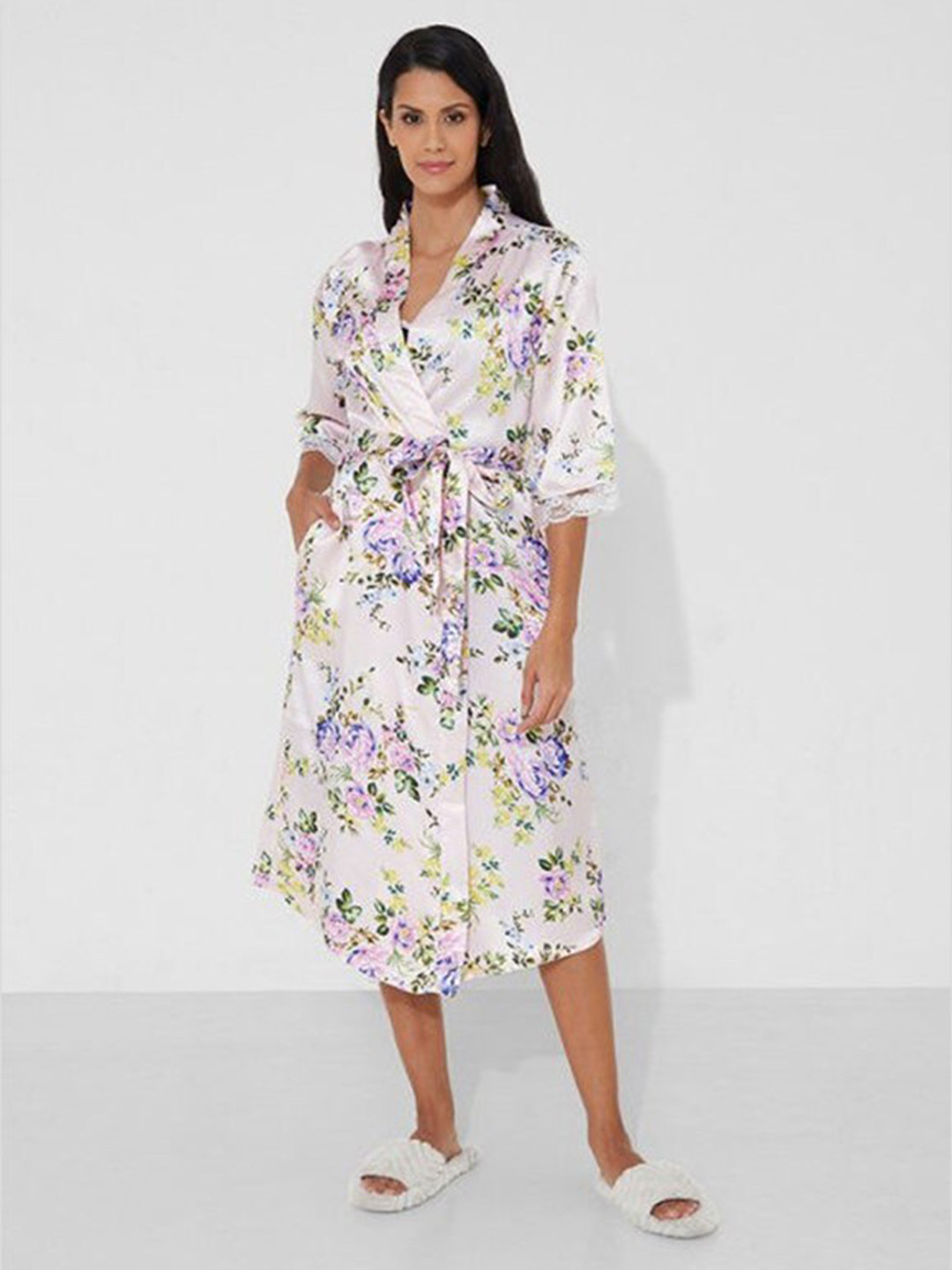 

Aila Floral Printed Wrap Nightdress, White