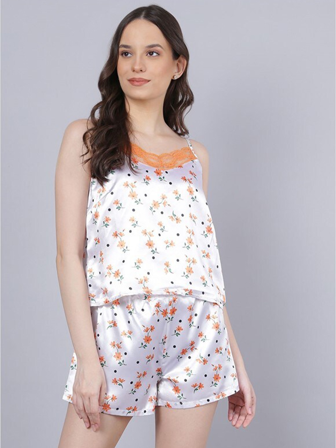 

Aila Floral Printed Satin Night suit, White