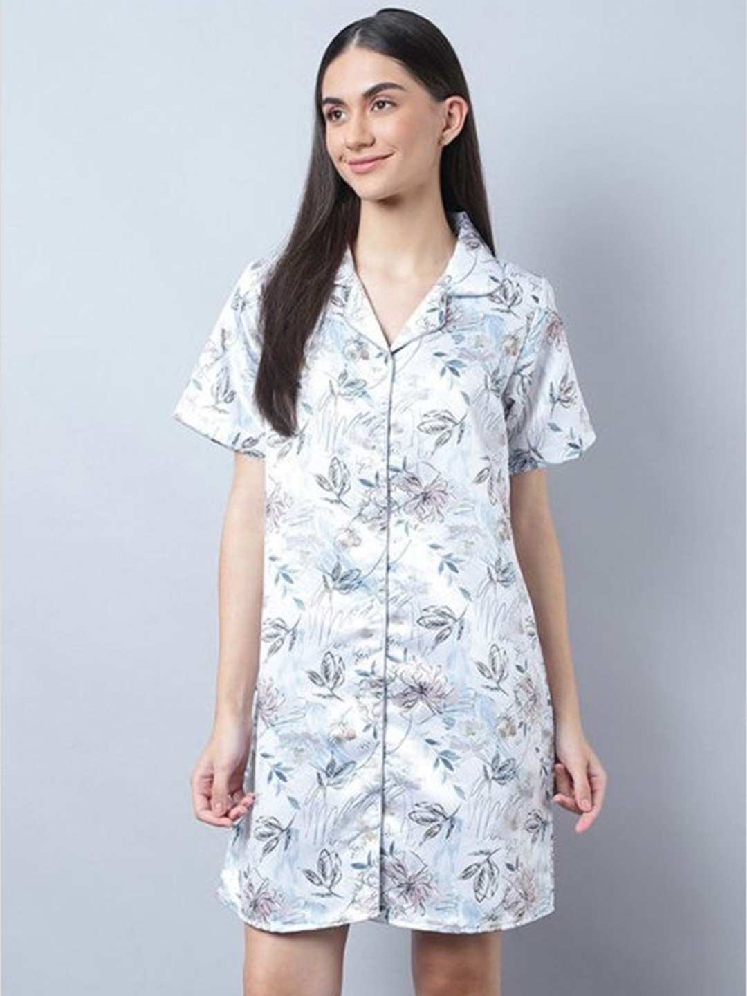 

Aila Floral Printed Lapel Collar Everyday Shirt Nightdress, White