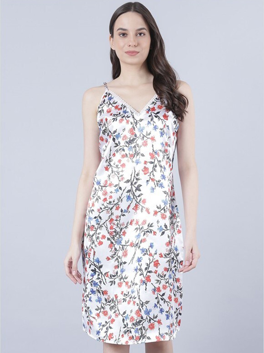 

Aila Floral Printed Shoulder Straps Nightdress, White