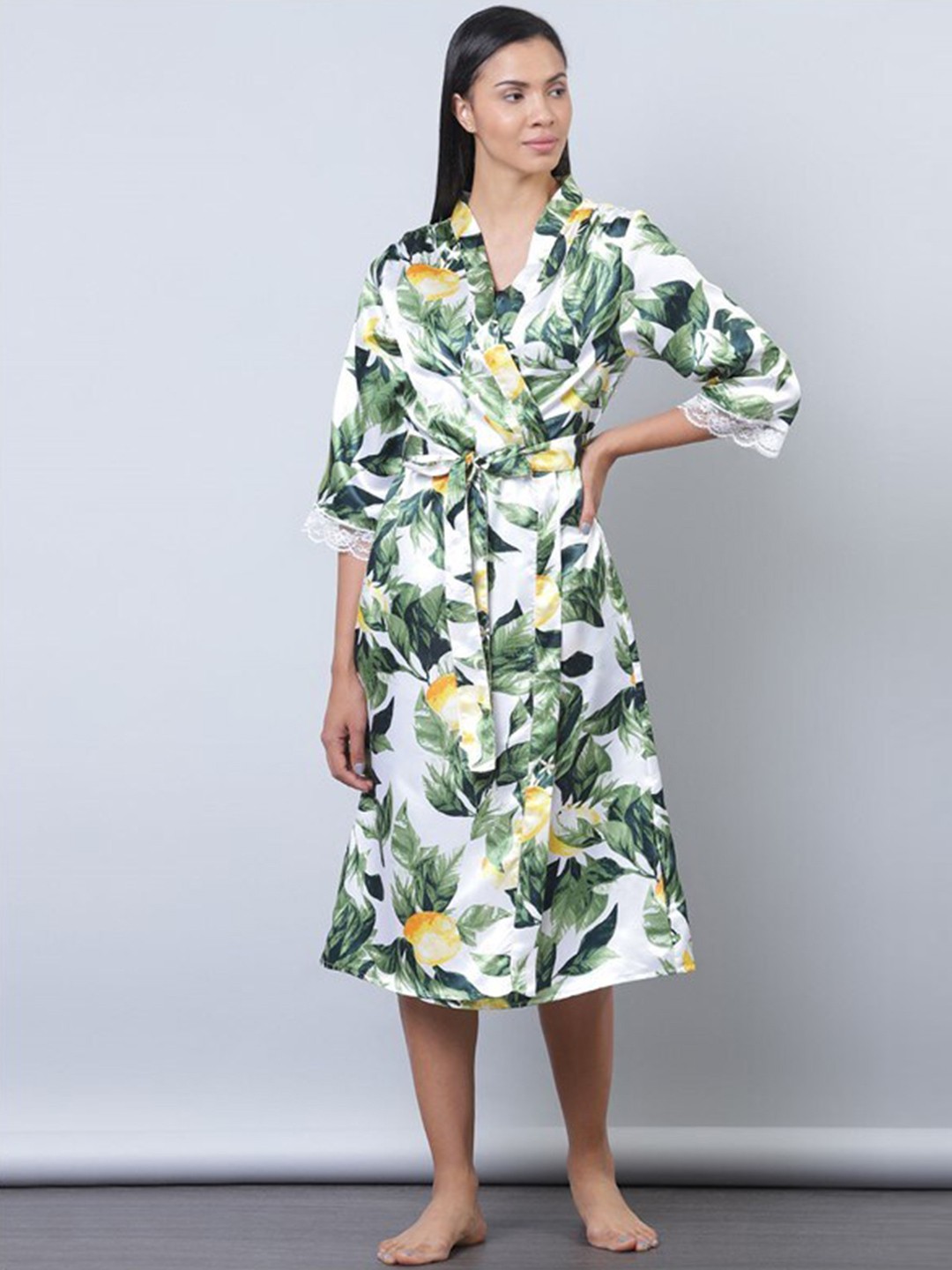 

Aila Floral Printed V-Neck Midi Wrap Nightdress, White