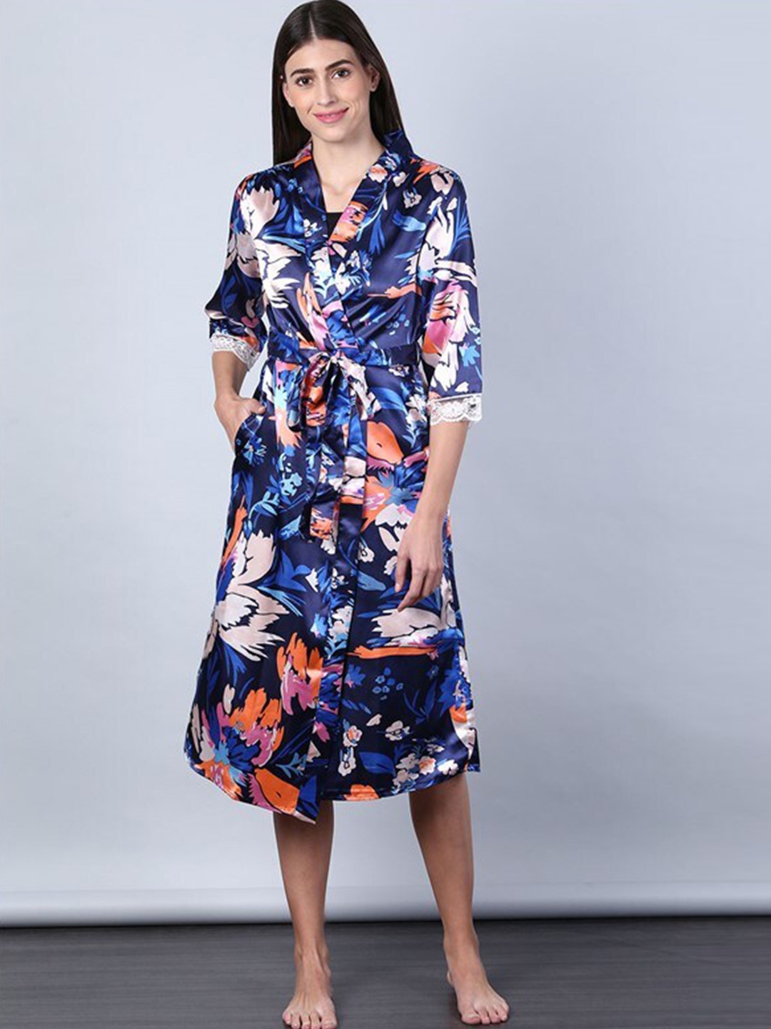 

Aila Floral Printed Midi Wrap Nightdress, Blue