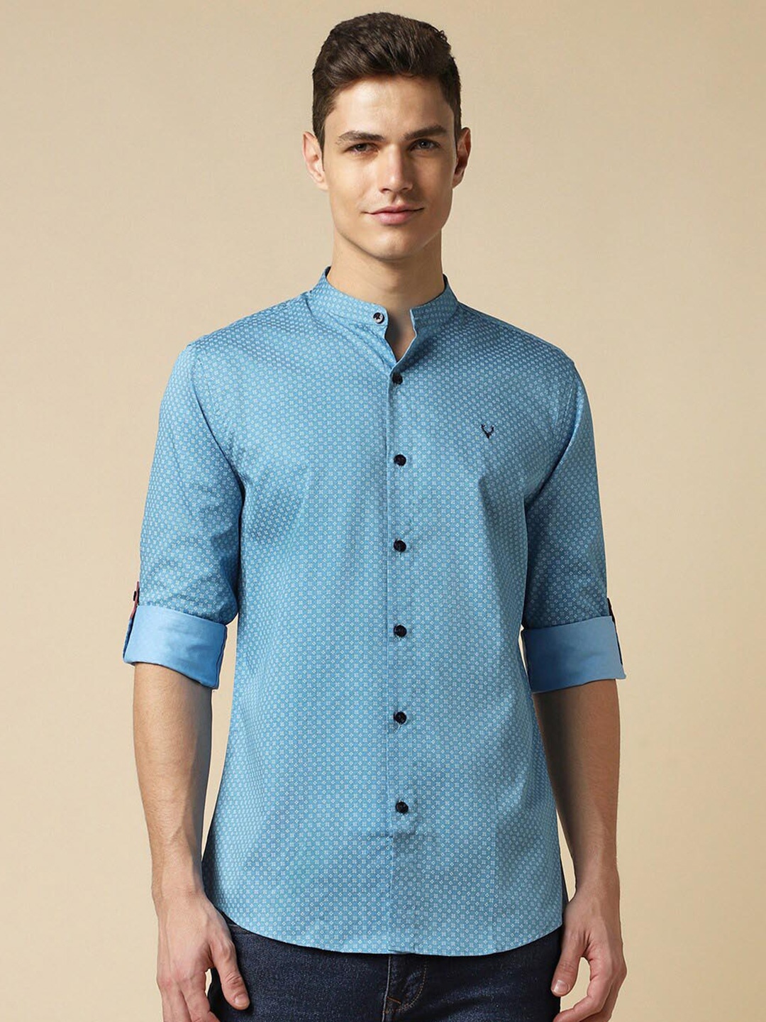 

Allen Solly Ethnic Motifs Printed Band Collar Roll-Up Sleeves Pure Cotton Casual Shirt, Blue