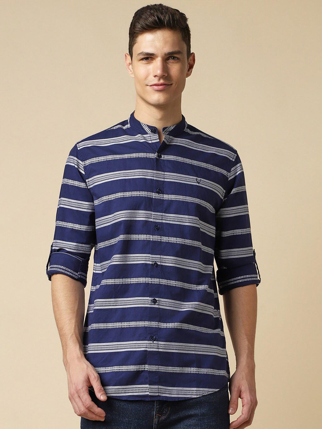 

Allen Solly Custom Fit Striped Band Collar Pure Cotton Casual Shirt, Navy blue