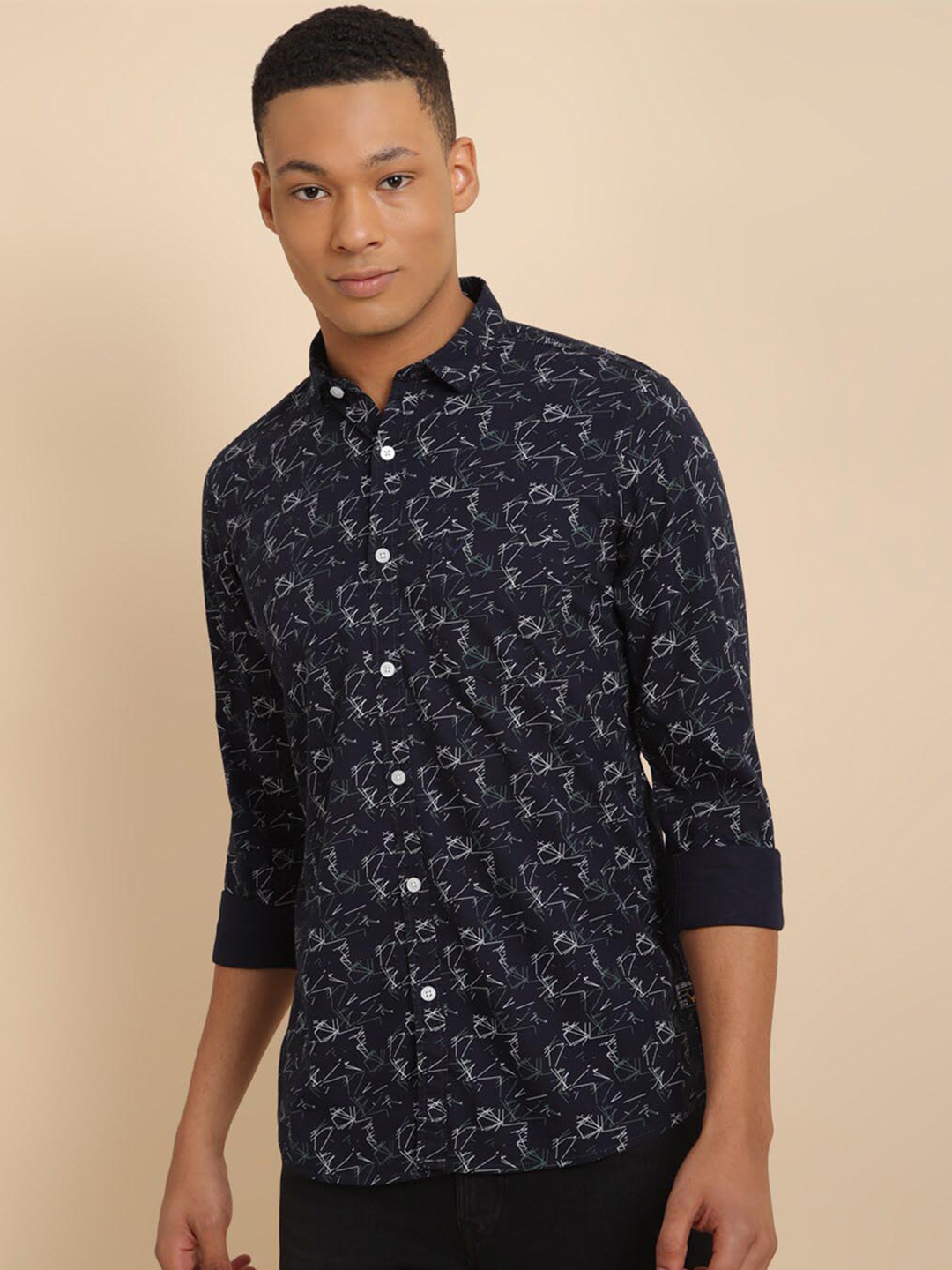 

Allen Solly Spread Collar Abstract Printed Casual Pure Cotton Shirt, Navy blue
