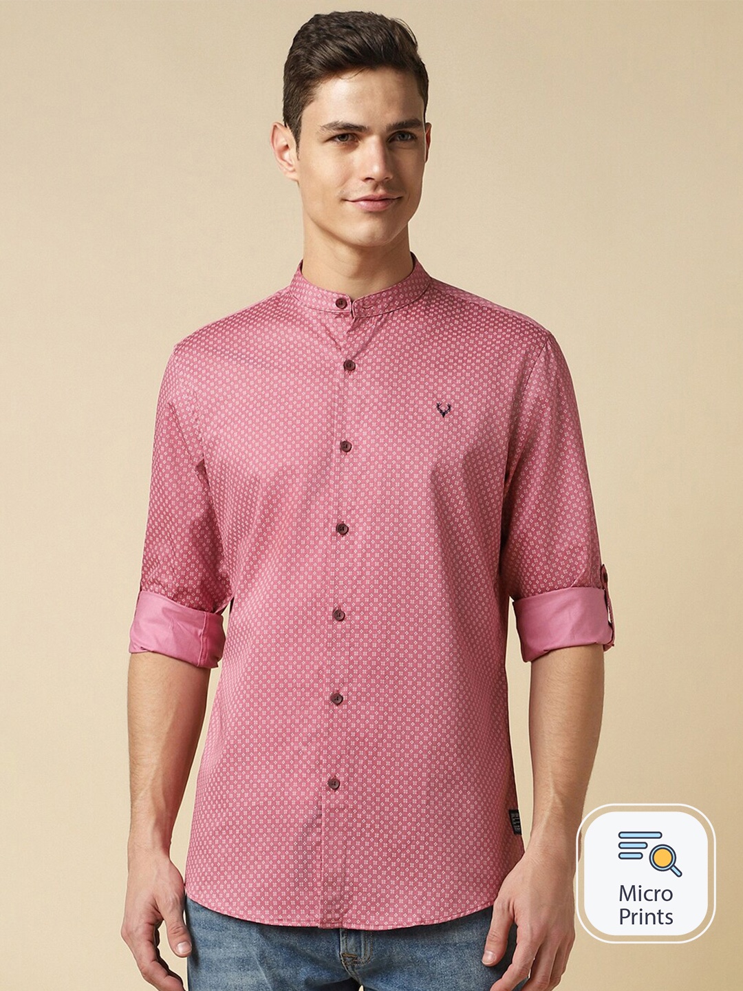 

Allen Solly Custom Fit Micro Ditsy Printed Band Collar Pure Cotton Casual Shirt, Pink
