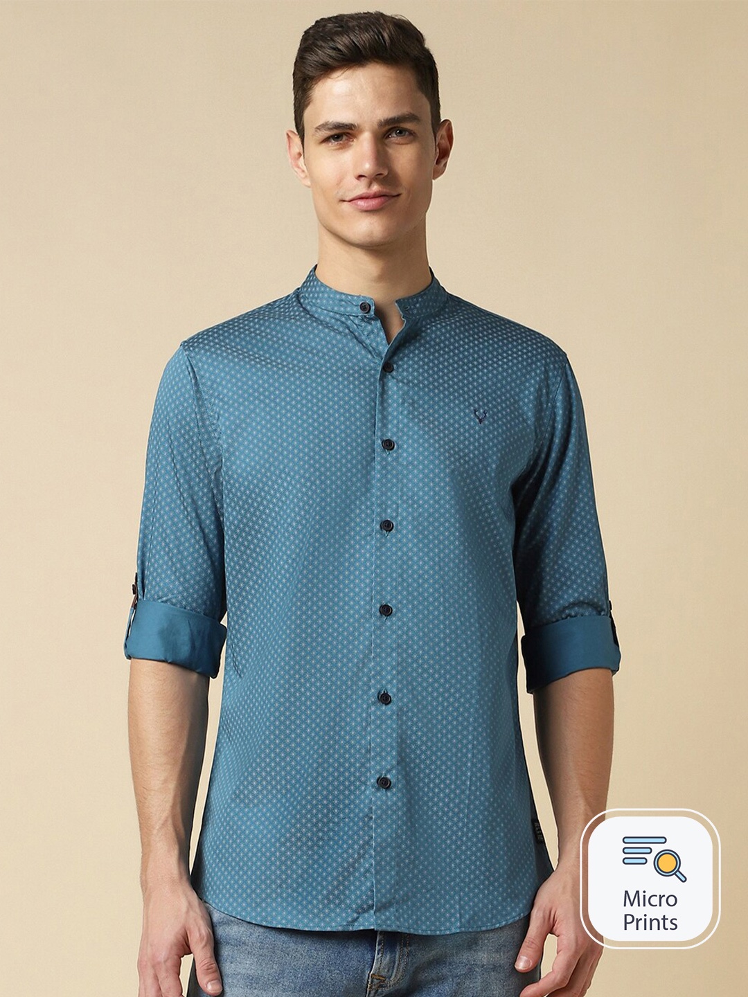 

Allen Solly Micro Ditsy Printed Band Collar Pure Cotton Casual Shirt, Blue