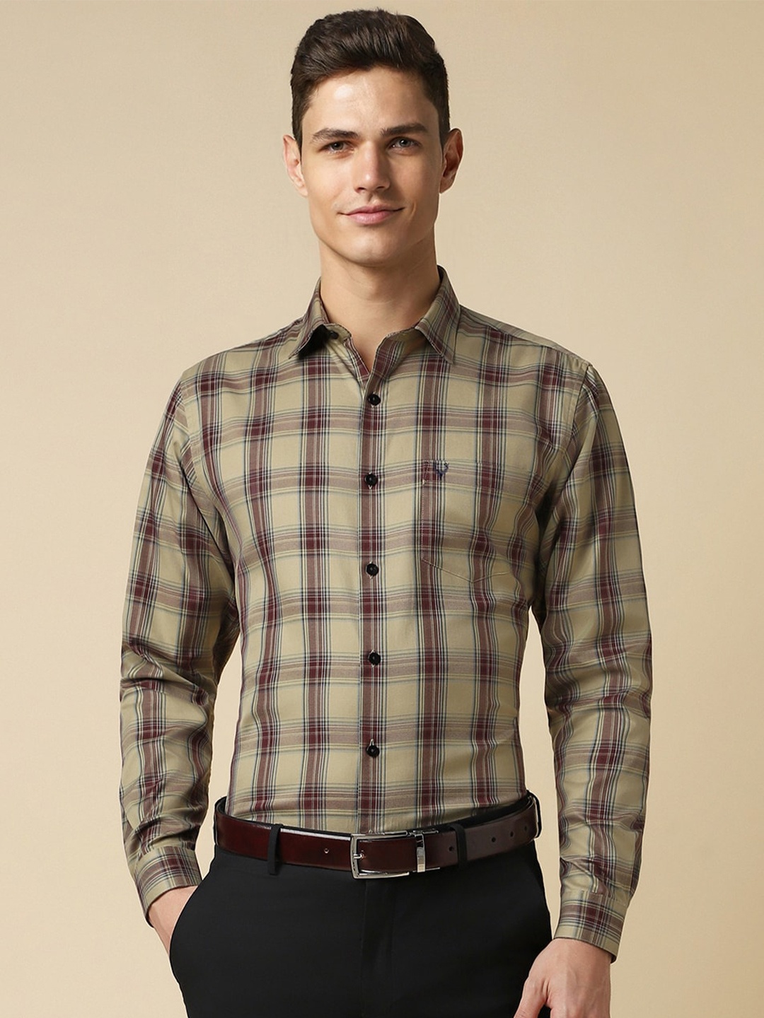 

Allen Solly Spread Collar Slim Fit Checked Formal Pure Cotton Shirt, Brown