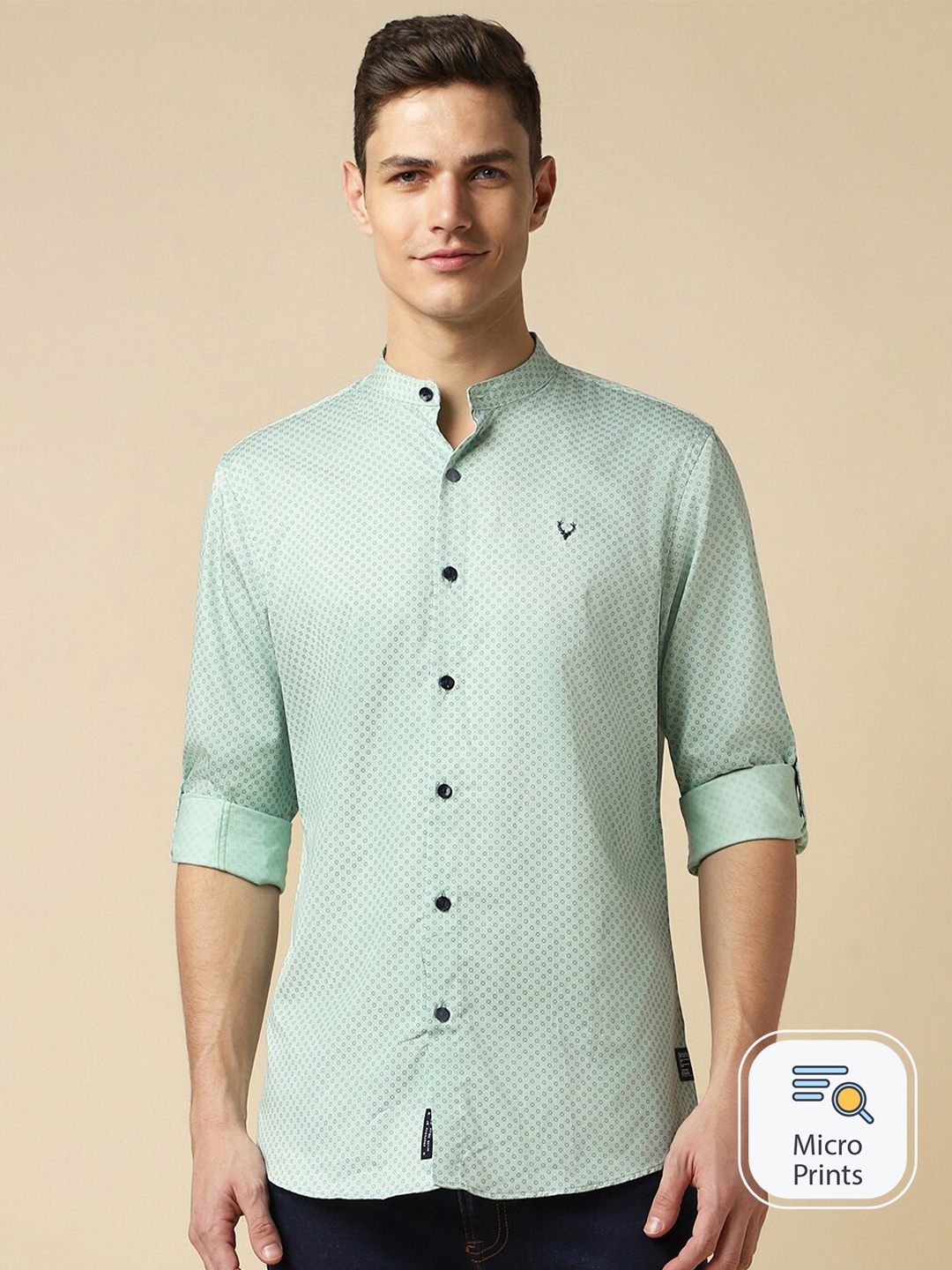 

Allen Solly Band Collar Micro Printed Casual Pure Cotton Shirt, Green