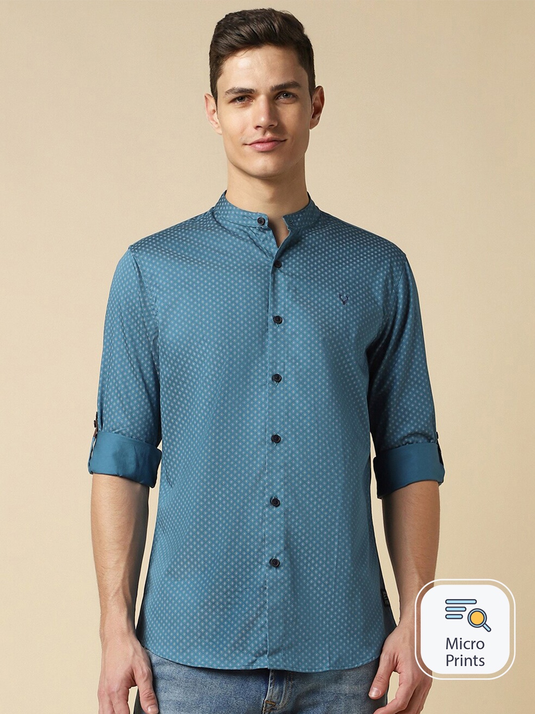 

Allen Solly Micro Ditsy Printed Band Collar Roll-Up Sleeves Casual Shirt, Blue