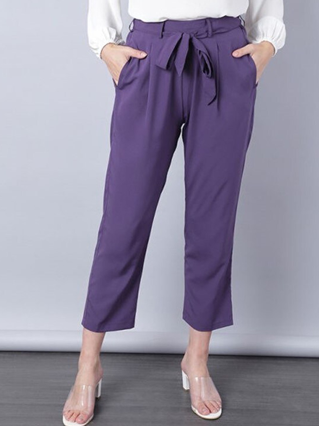 

Aila Women Belted Pleated Cropped Peg Trousers, Purple