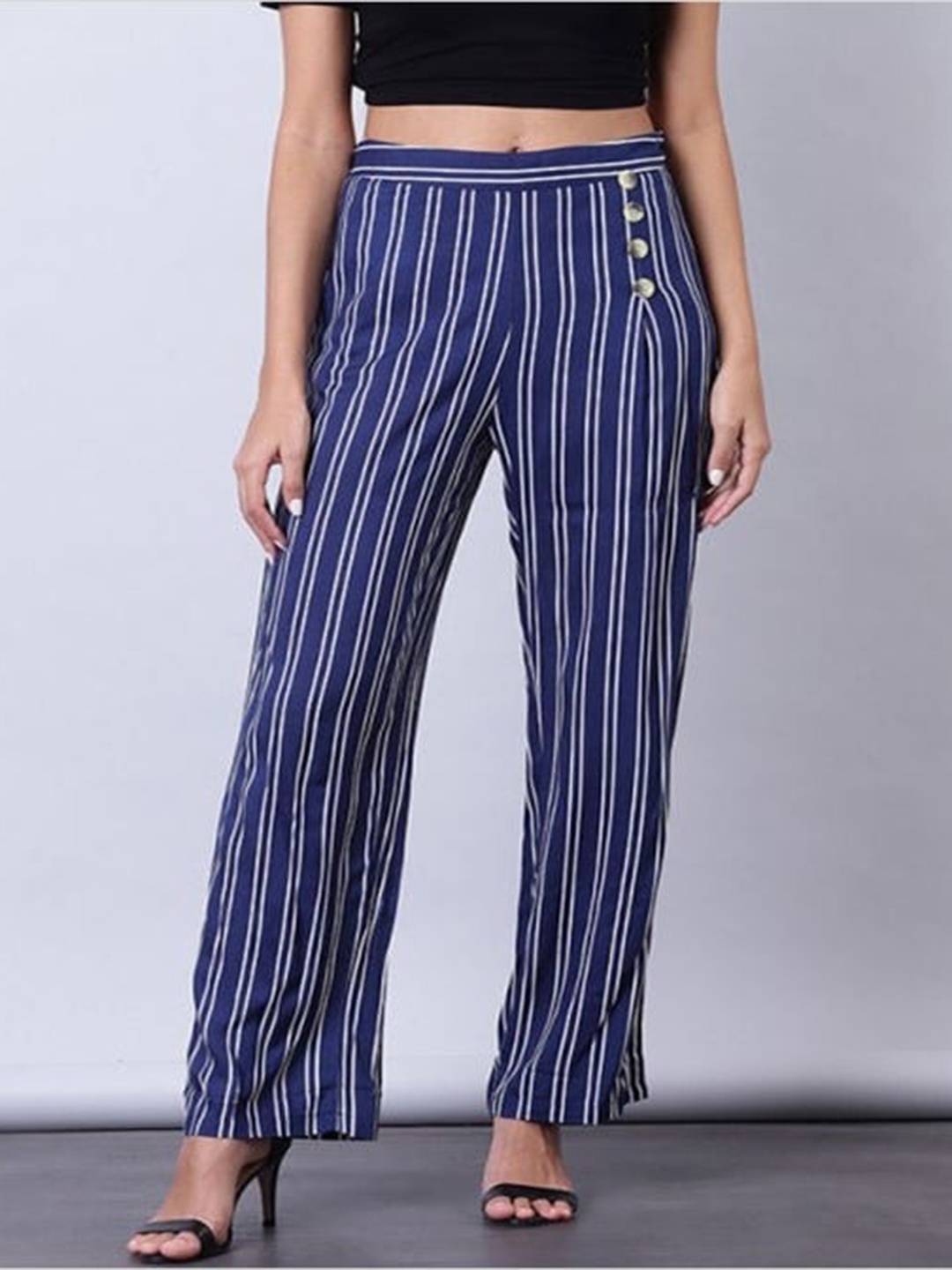 

Aila Women Striped Straight Fit Pleated Trousers, Navy blue