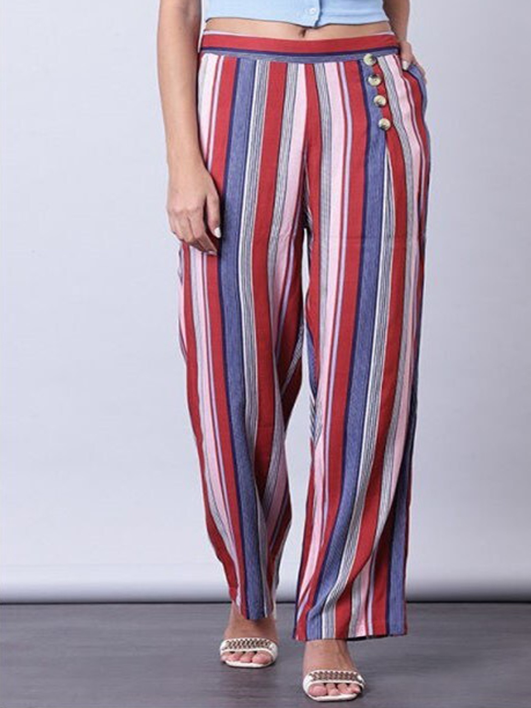 

Aila Women Striped Straight Fit Pleated Trousers, Burgundy