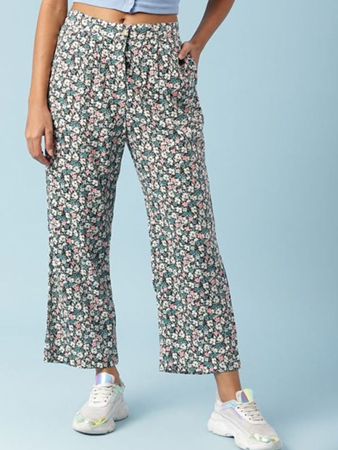 

Aila Women Straight Fit Floral Printed Cotton Trouser, Green