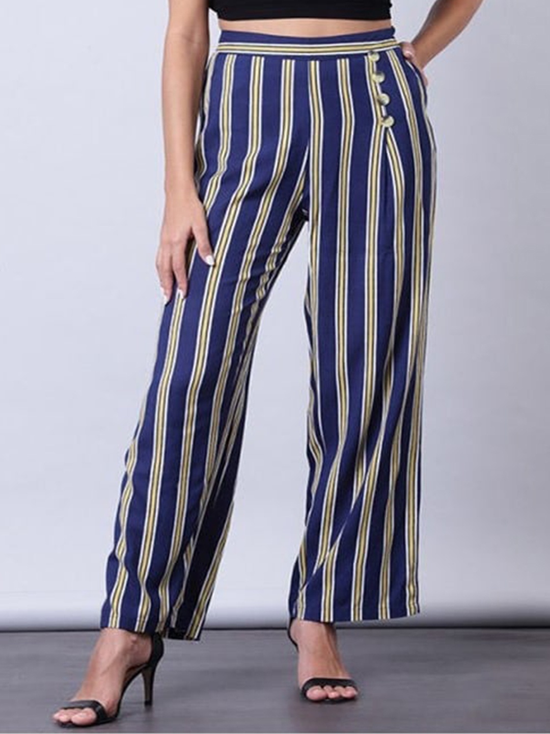 

Aila Women Striped Straight Fit Pleated Trousers, Blue