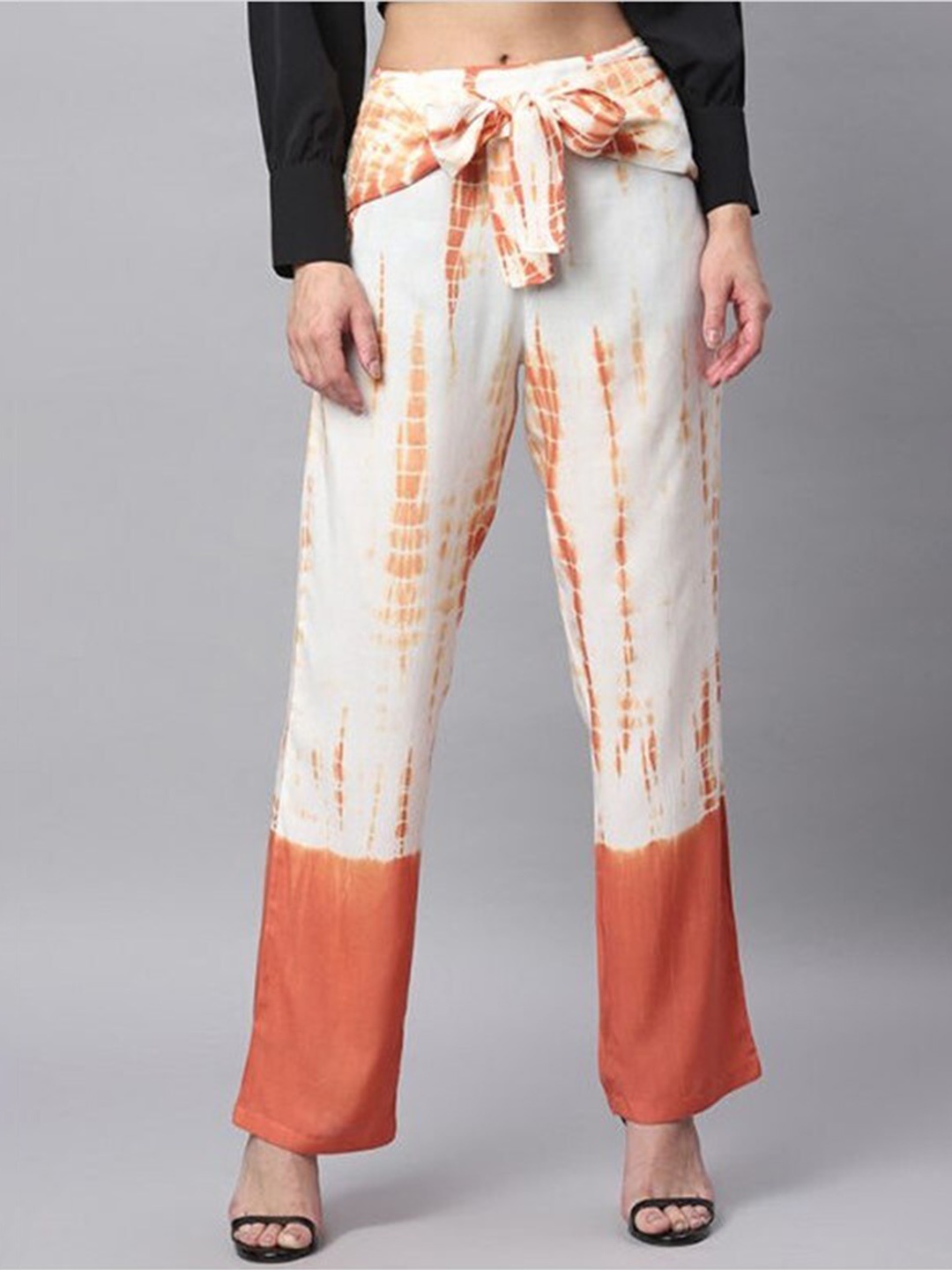 

Aila Women Tie & Dye Printed Mid Rise Trousers, White