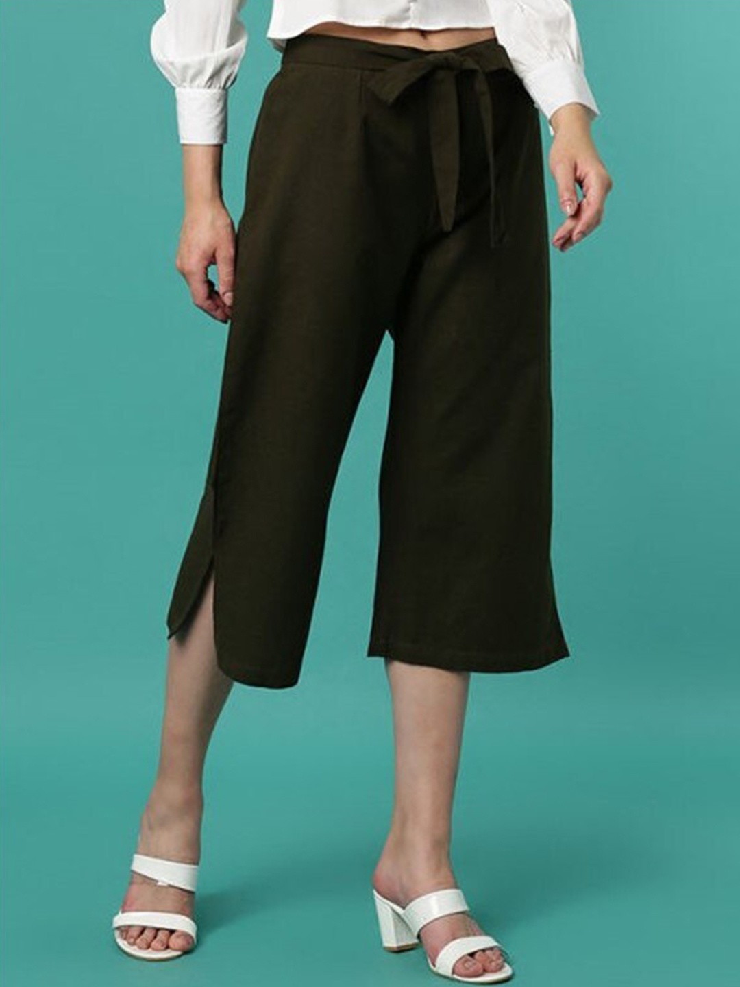 

Aila Women Easy Wash Mid Rise Culottes Trousers, Olive