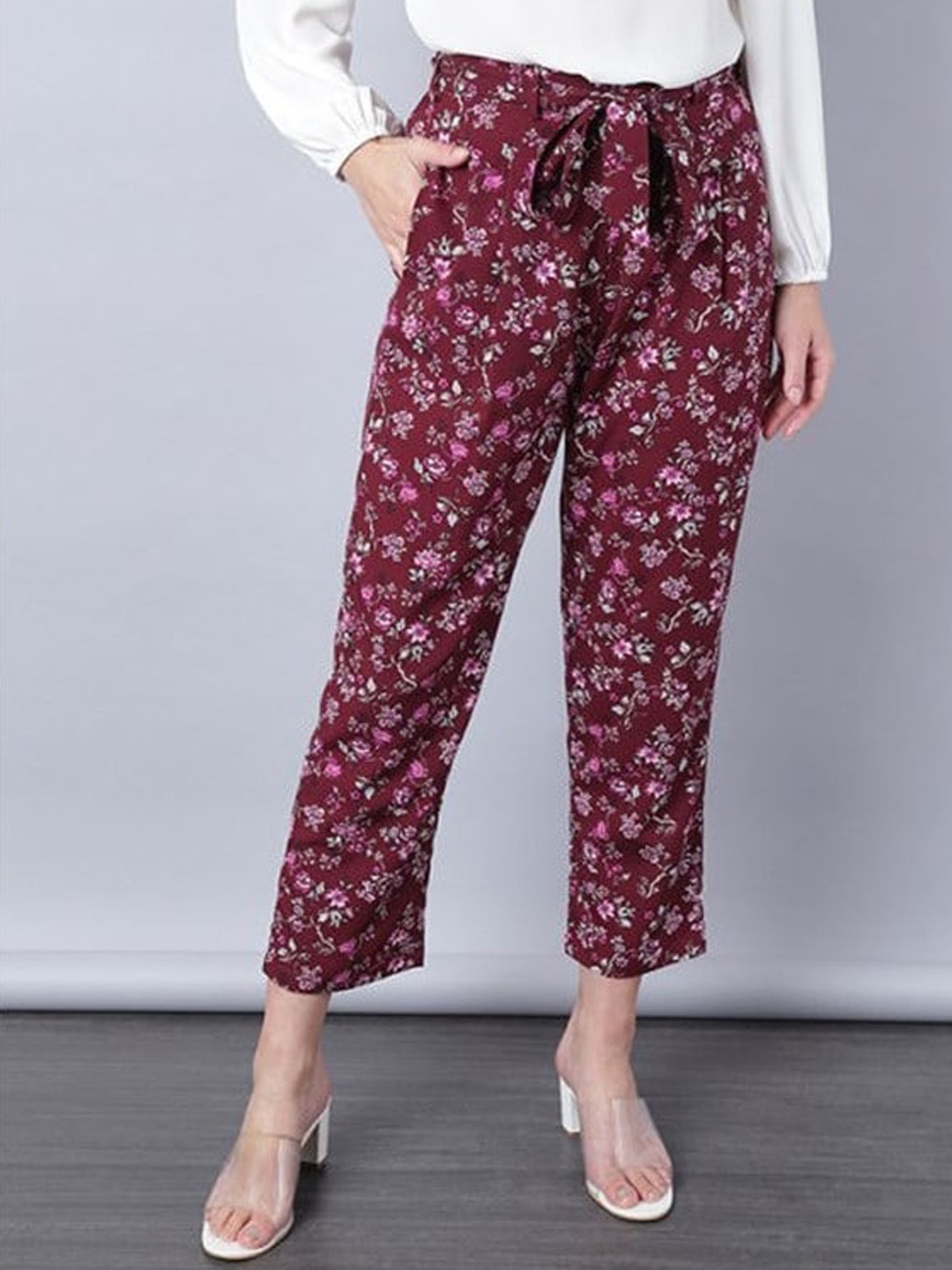 

Aila Women Floral Printed Mid-Rise Peg Trousers, Maroon