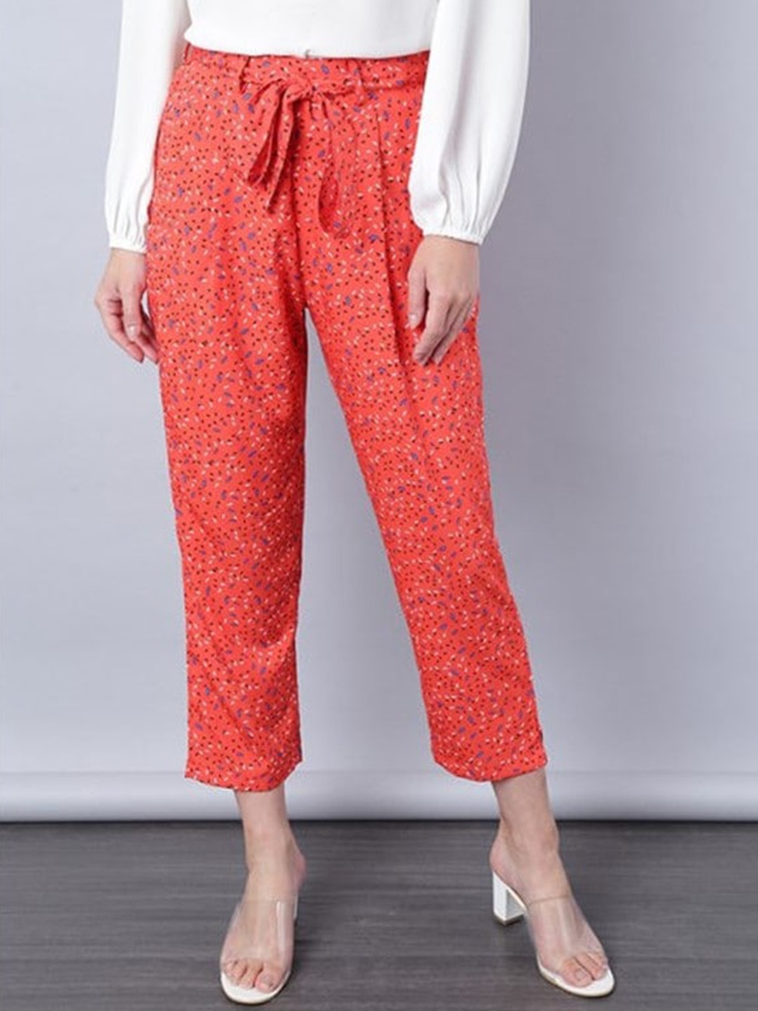 

Aila Women Floral Printed Mid Rise Trousers, Orange