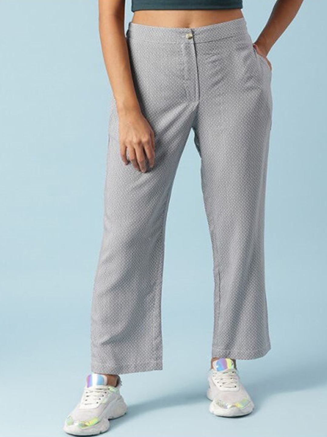 

Aila Women Abstract Printed Straight Fit Mid-Rise Bootcut Trousers, Grey