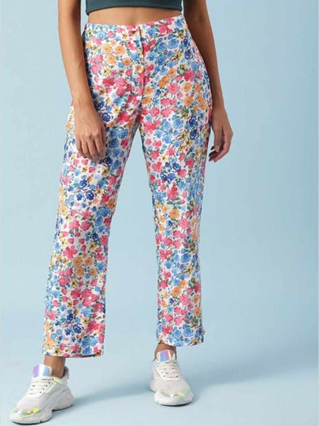 

Aila Women Floral Printed Mid Rise Loose Fit Cotton Parallel Trousers, White