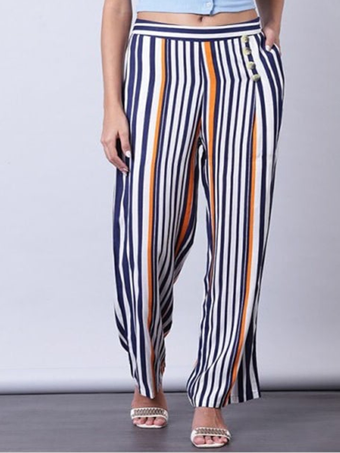 

Aila Women Striped Mid Rise Parallel Trousers, White