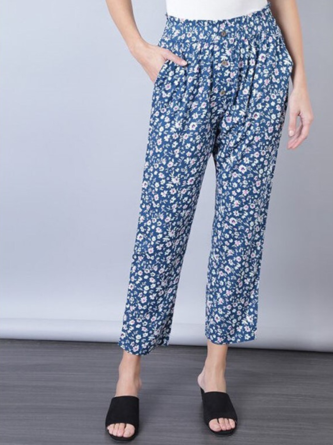 

Aila Women Mid-Rise Floral Printed Easy Wash Trouser, Blue