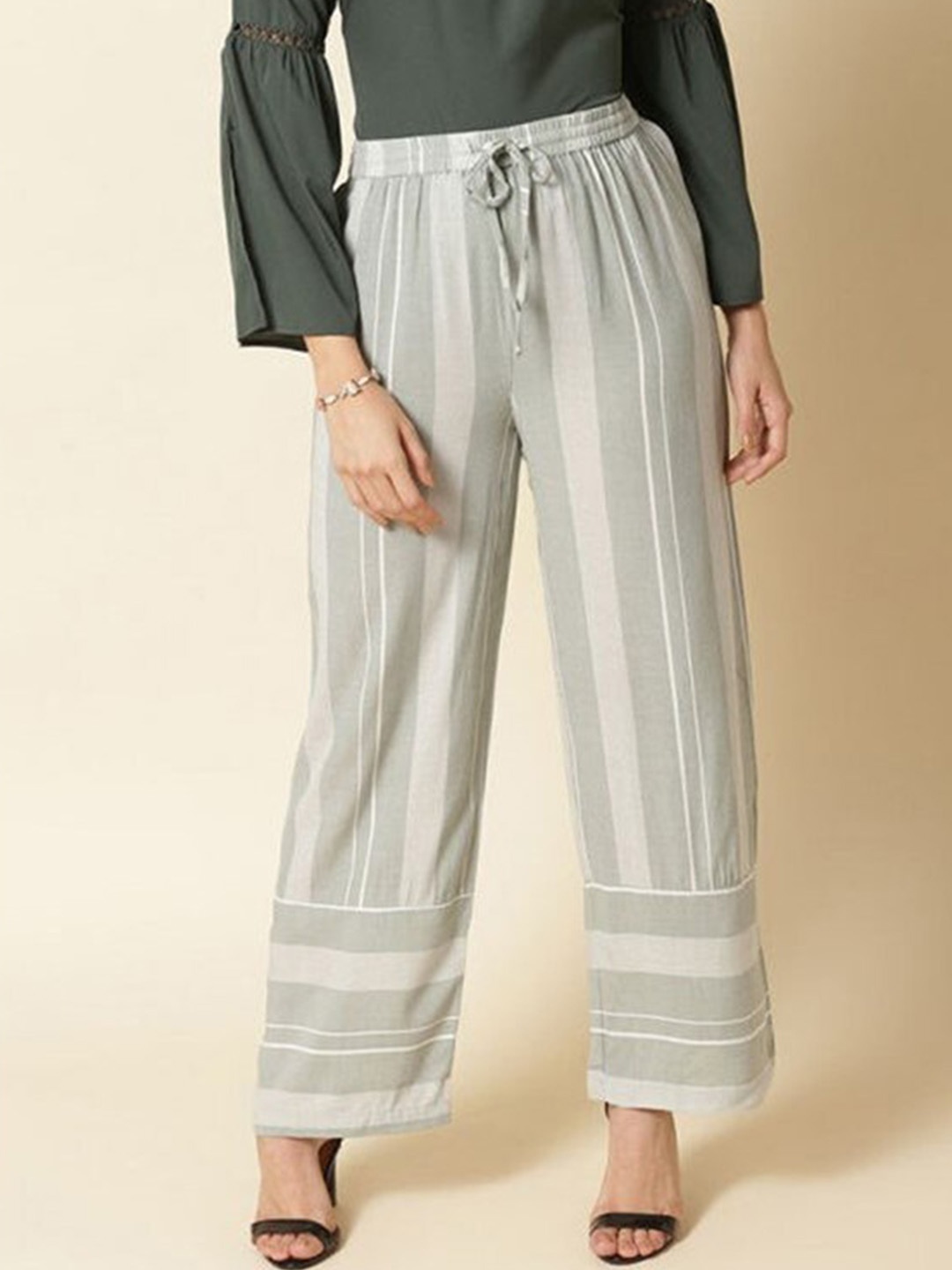 

Aila Women Loose Fit Mid-Rise Striped Easy Wash Trouser, Green