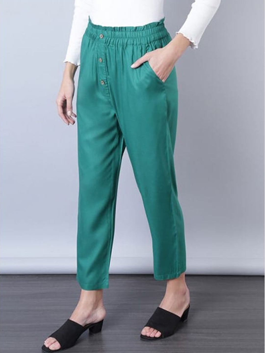 

Aila Women Easy Wash Mid Rise Trousers, Green