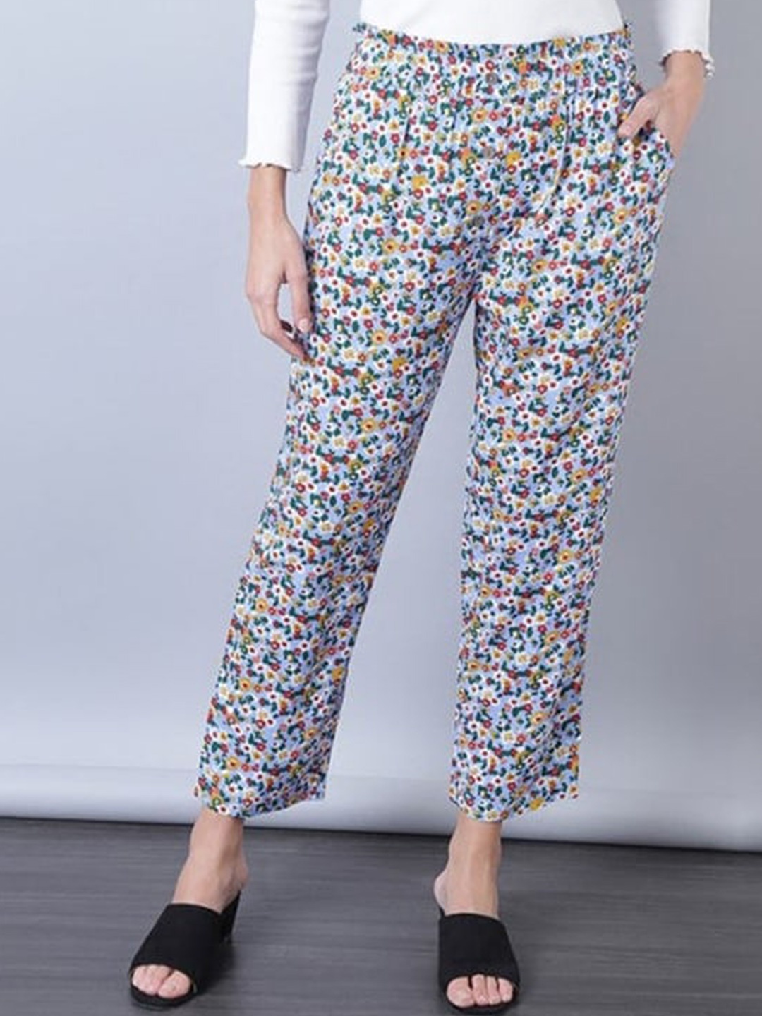 

Aila Women Mid-Rise Floral Printed Easy Wash Trouser, Blue