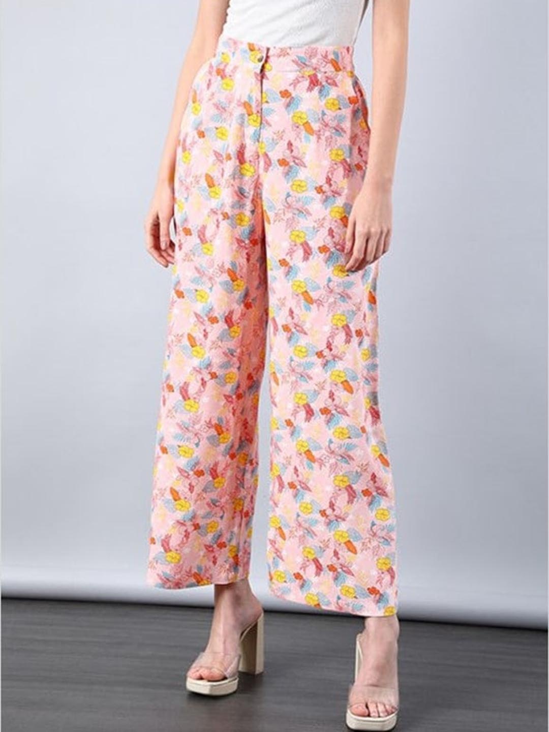 

Aila Women Floral Printed Straight Fit High-Rise Trousers, Peach