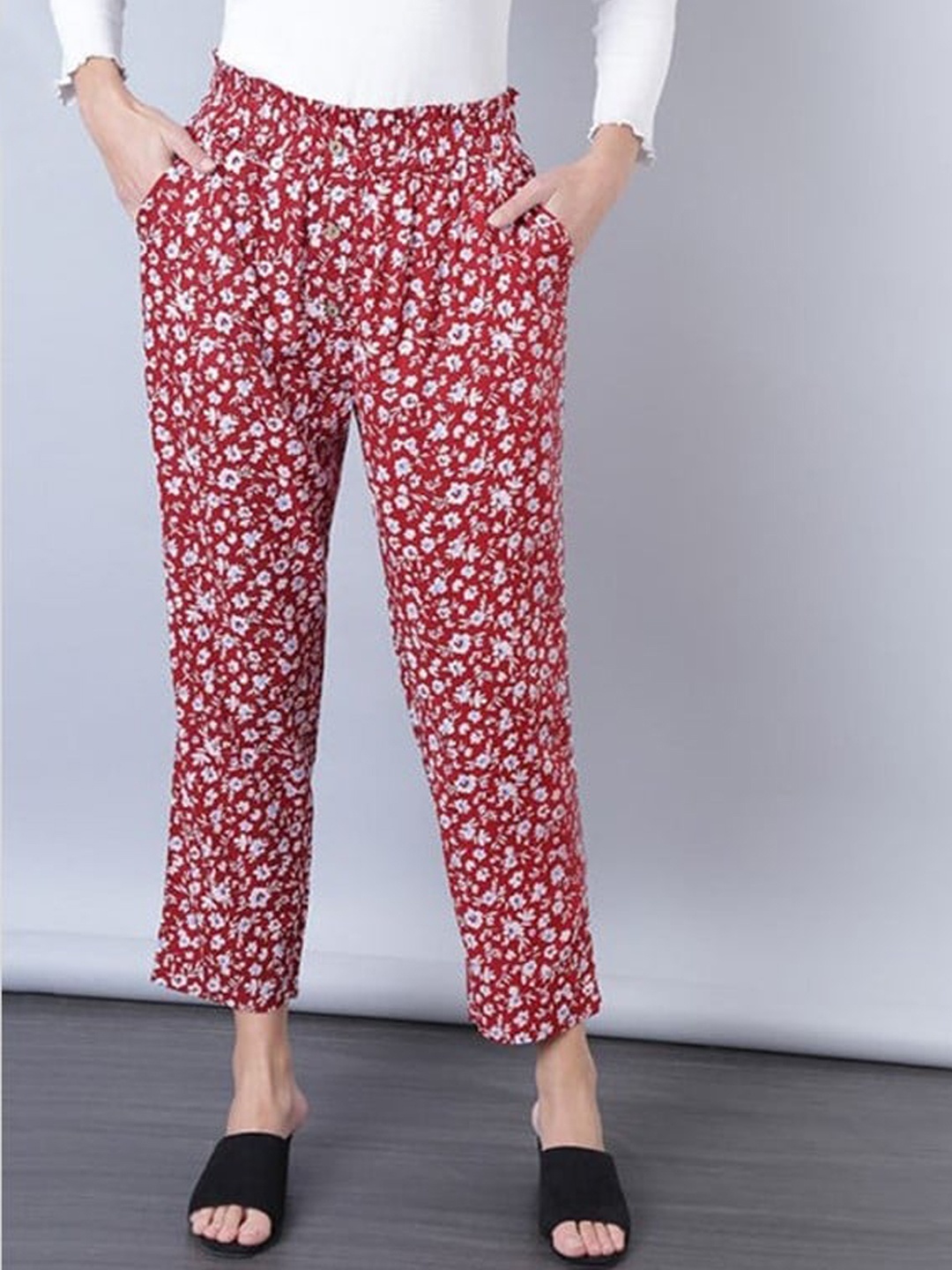 

Aila Women Mid-Rise Floral Printed Trouser, Maroon