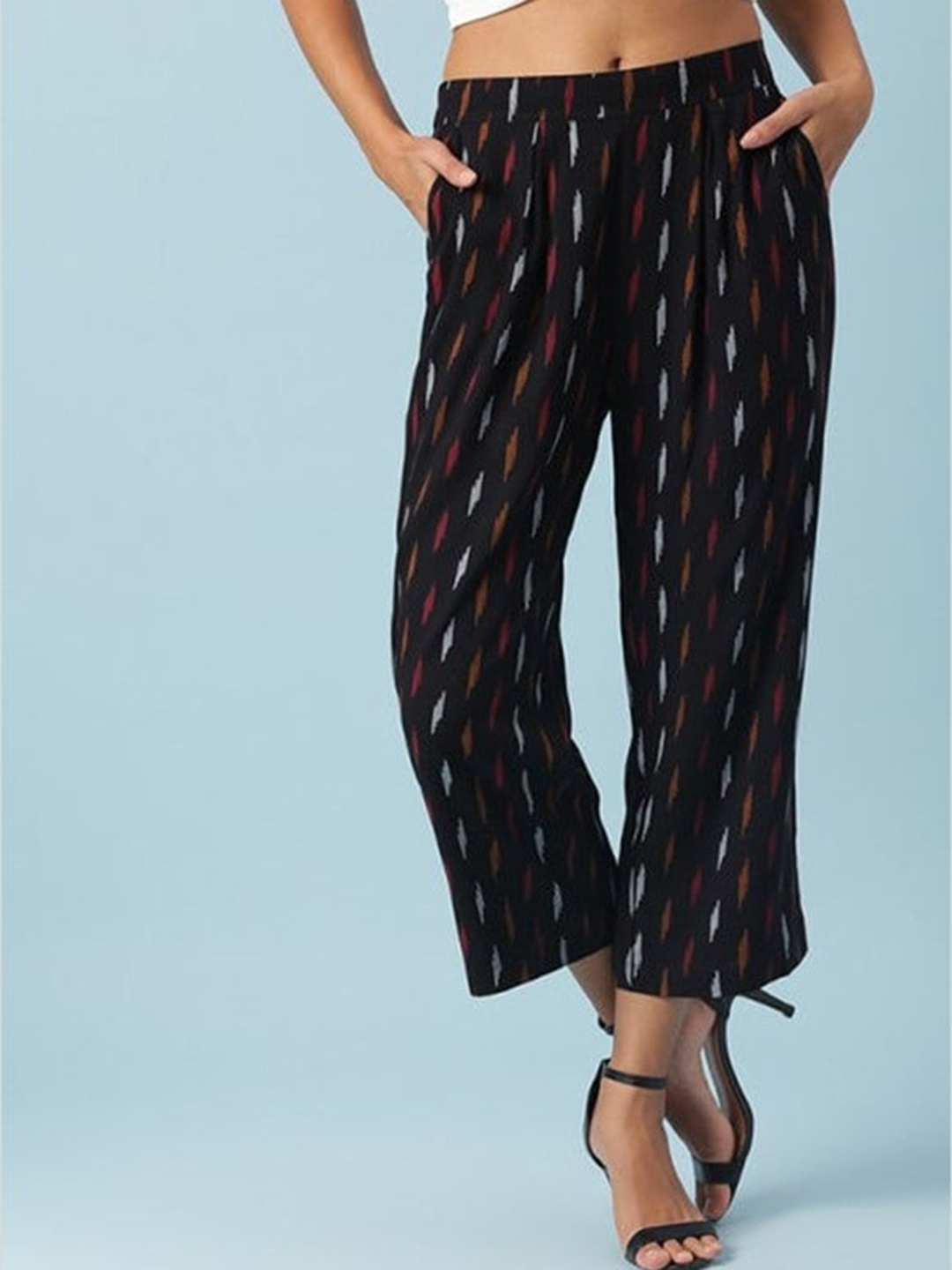 

Aila Women Ethnic Motifs Printed Mid Rise Relaxed-Fit Trousers, Black